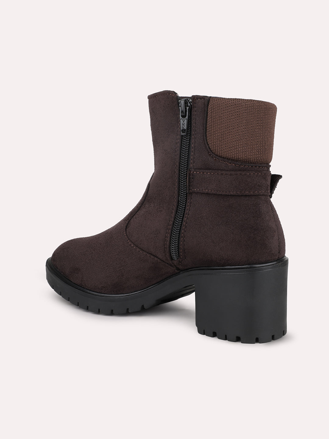 Women Brown Round Toe Mid-Top Suede Chelsea Heeled Boots