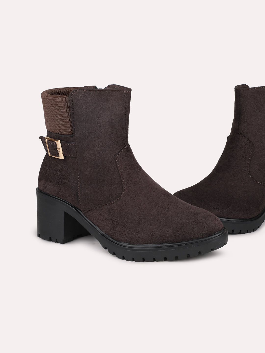 Women Brown Round Toe Mid-Top Suede Chelsea Heeled Boots