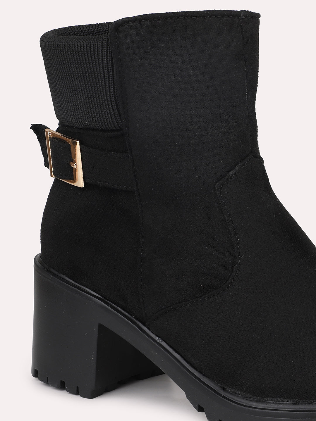 Women Black Round Toe Mid-Top Suede Chelsea Heeled Boots