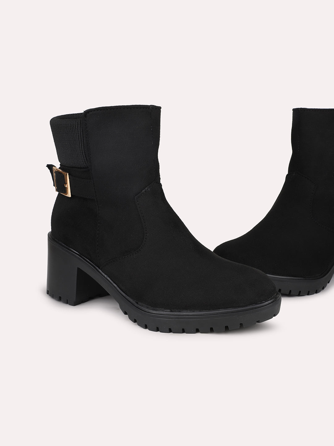 Women Black Round Toe Mid-Top Suede Chelsea Heeled Boots