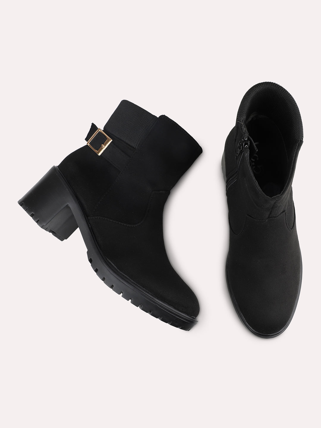 Women Black Round Toe Mid-Top Suede Chelsea Heeled Boots