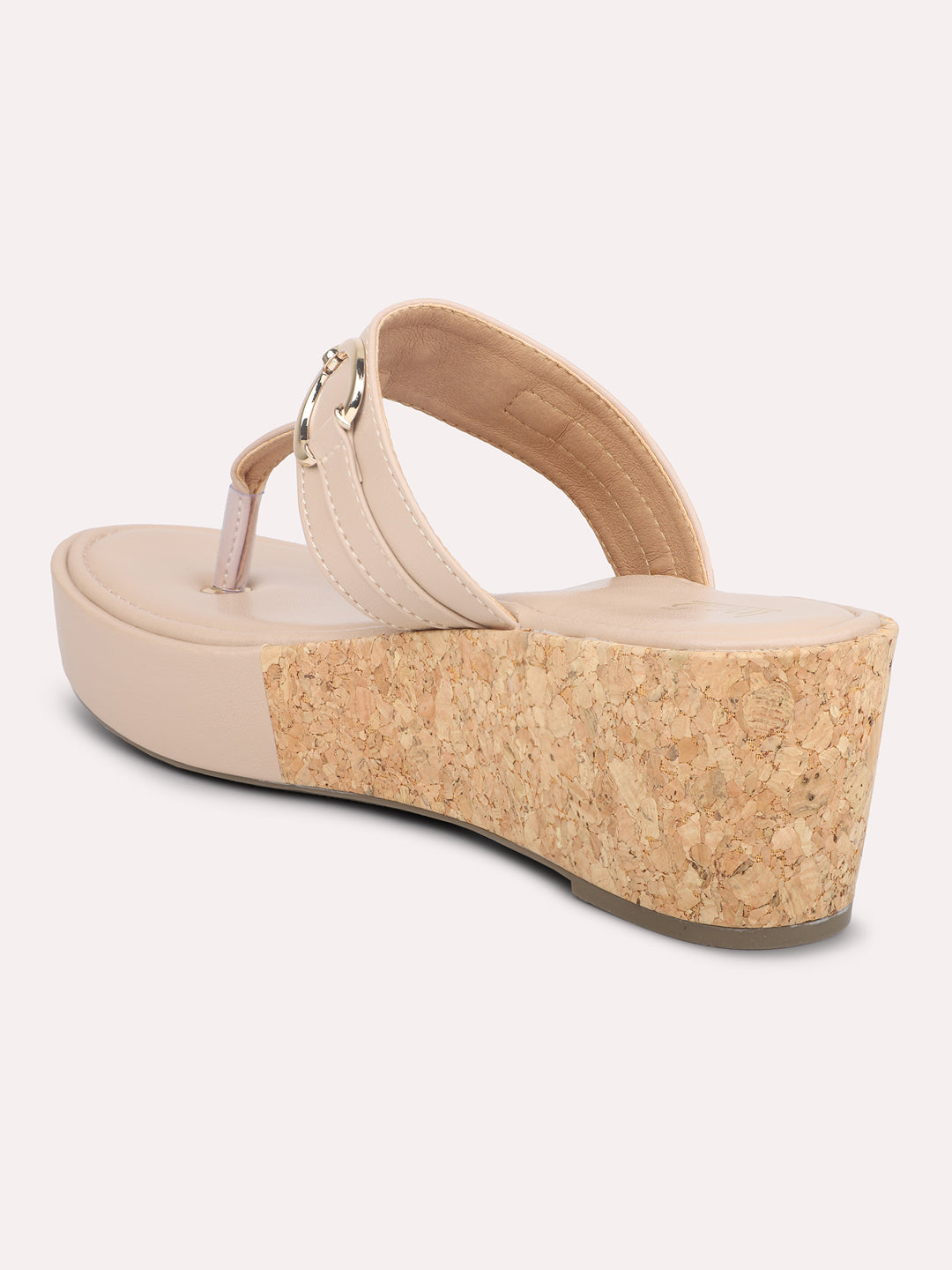 Women Beige Textured Platform Sandals With Buckle Detail