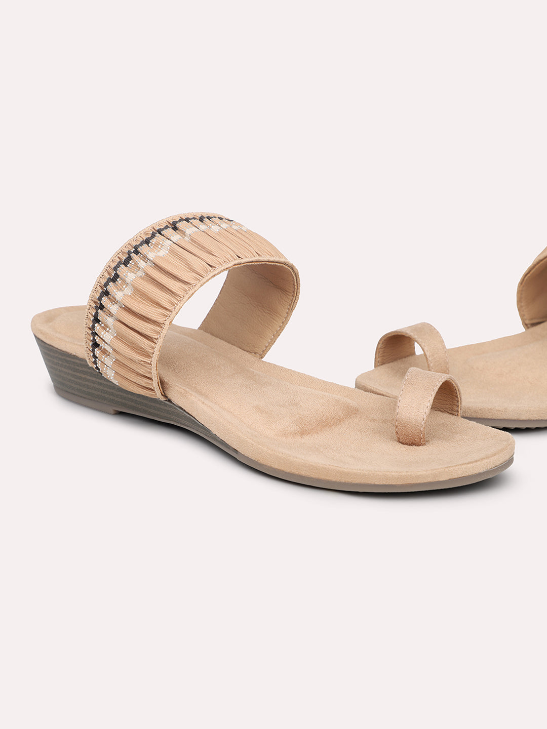 Women Beige-Coloured Textured One-Toe Wedge Heels