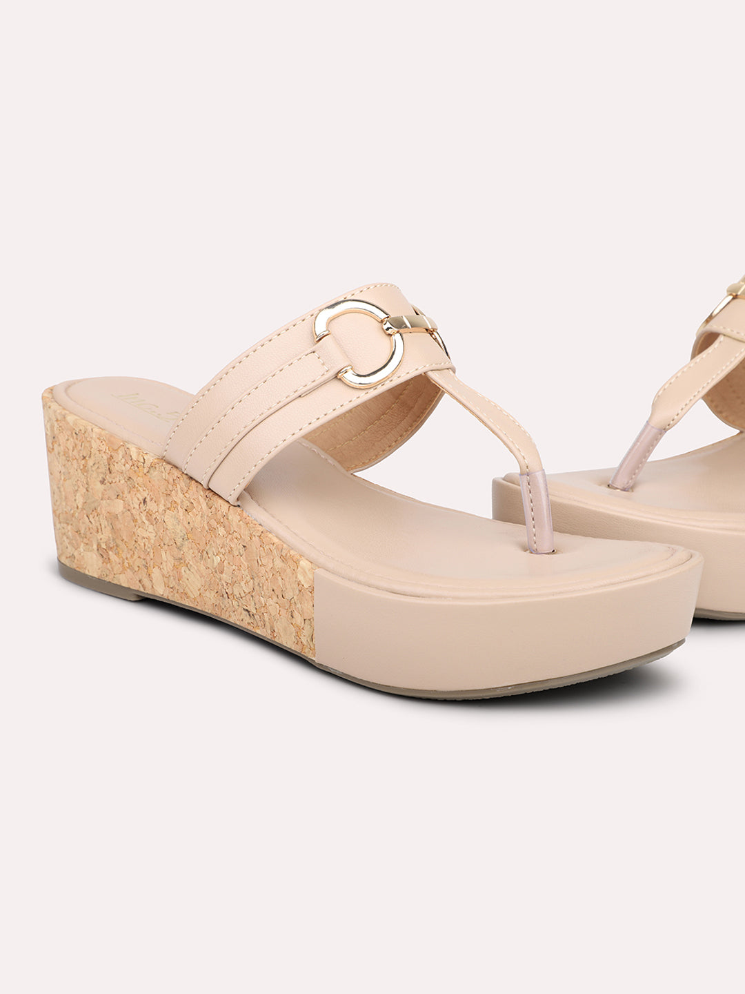 Women Beige Textured Platform Sandals With Buckle Detail