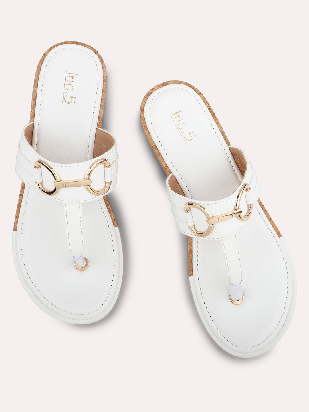 Women White Textured Platform Sandals With Buckle Detail