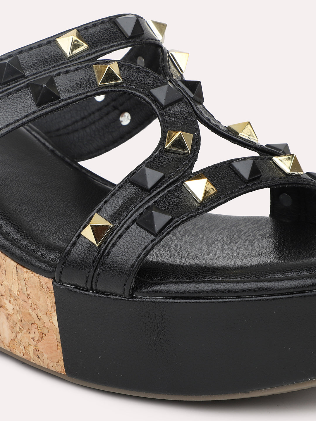 Women Black Studded Open Toe Wedge Heels