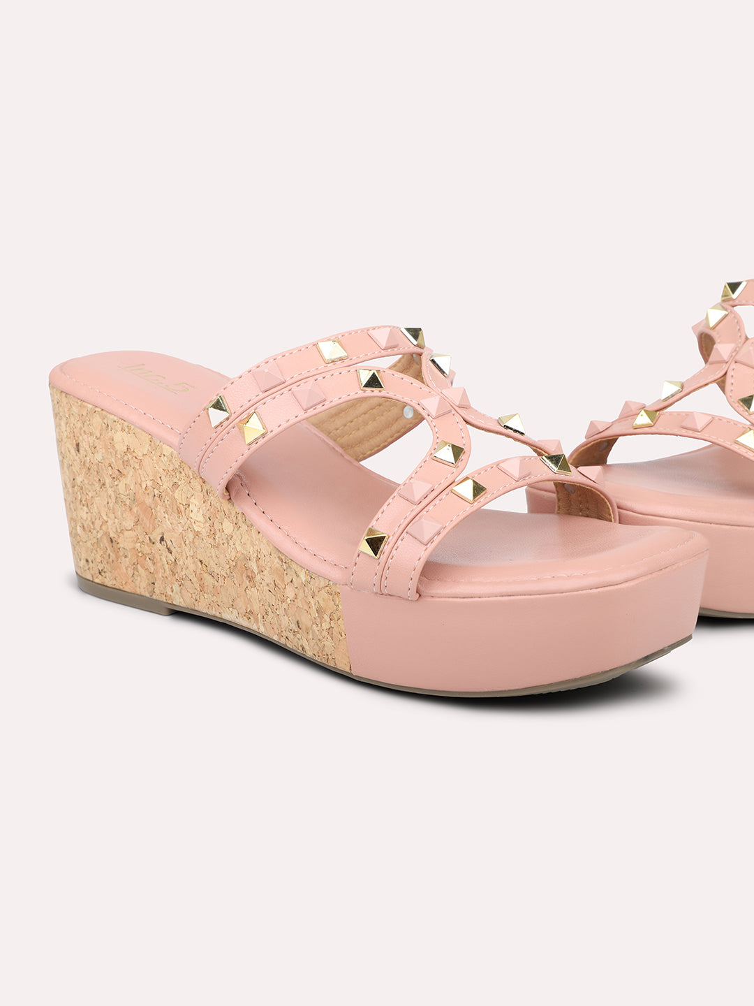 Women Peach Studded Open Toe Wedge Heels