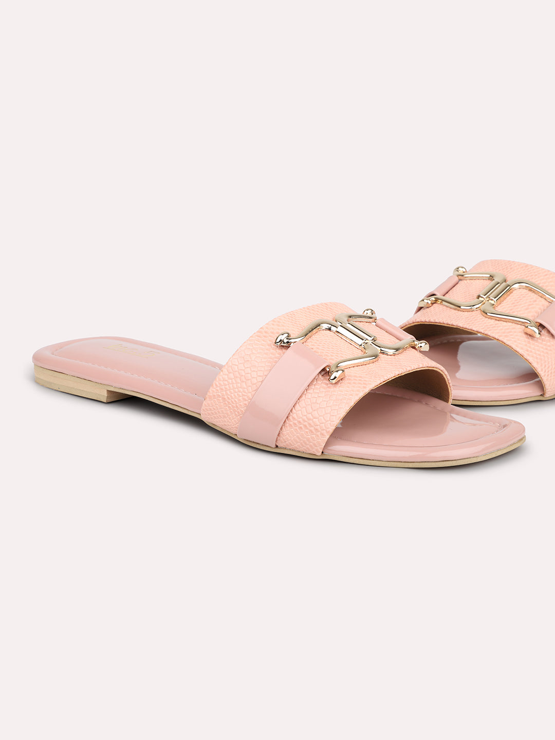 Women Peach-Coloured And Gold-Toned Buckled Open Toe Flats