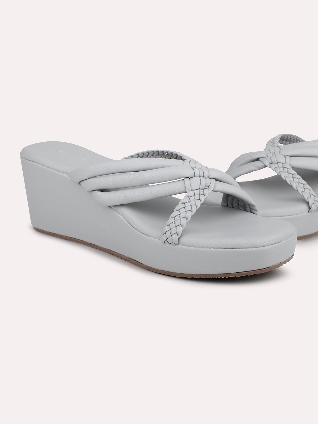 Women Grey Textured Open Toe Wedge Heels