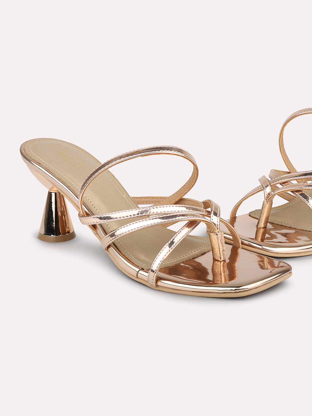 Women Rose Gold Striped Kitten Heeled Sandals