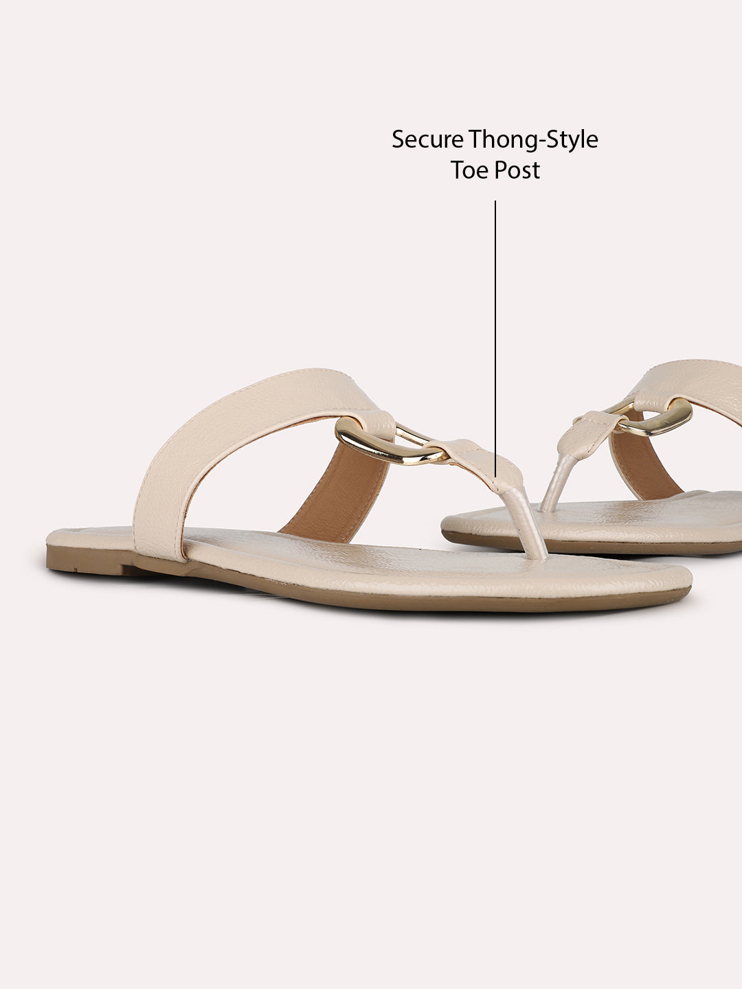 Womens Beige Casual Solid T-Strap Flats