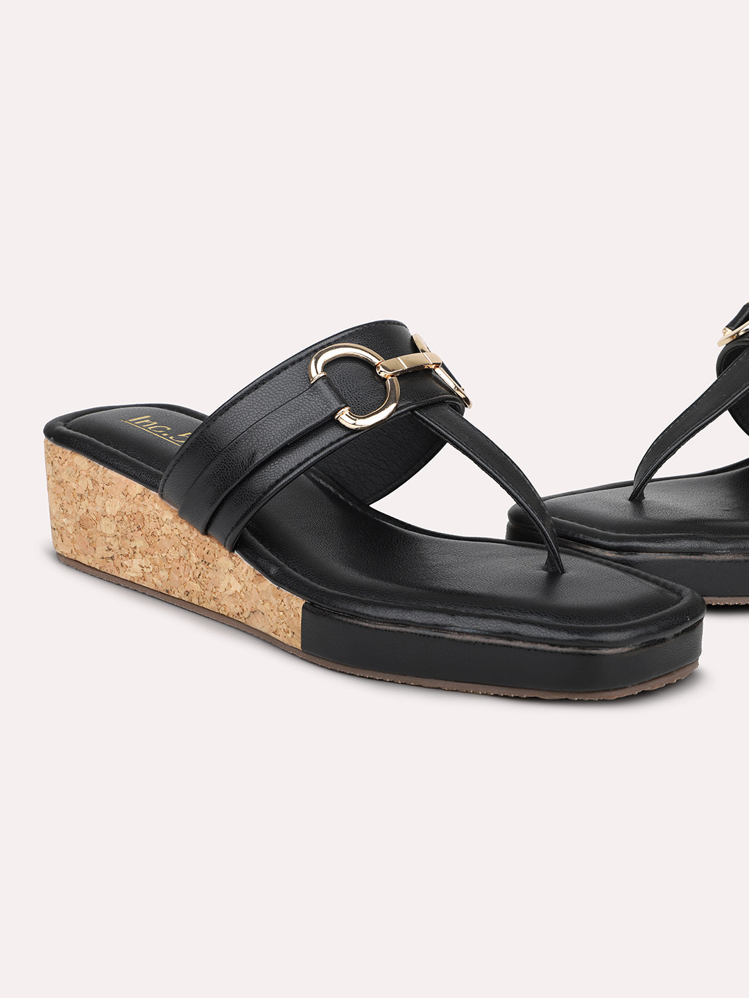 Women Black Wedges with Buckle Detail