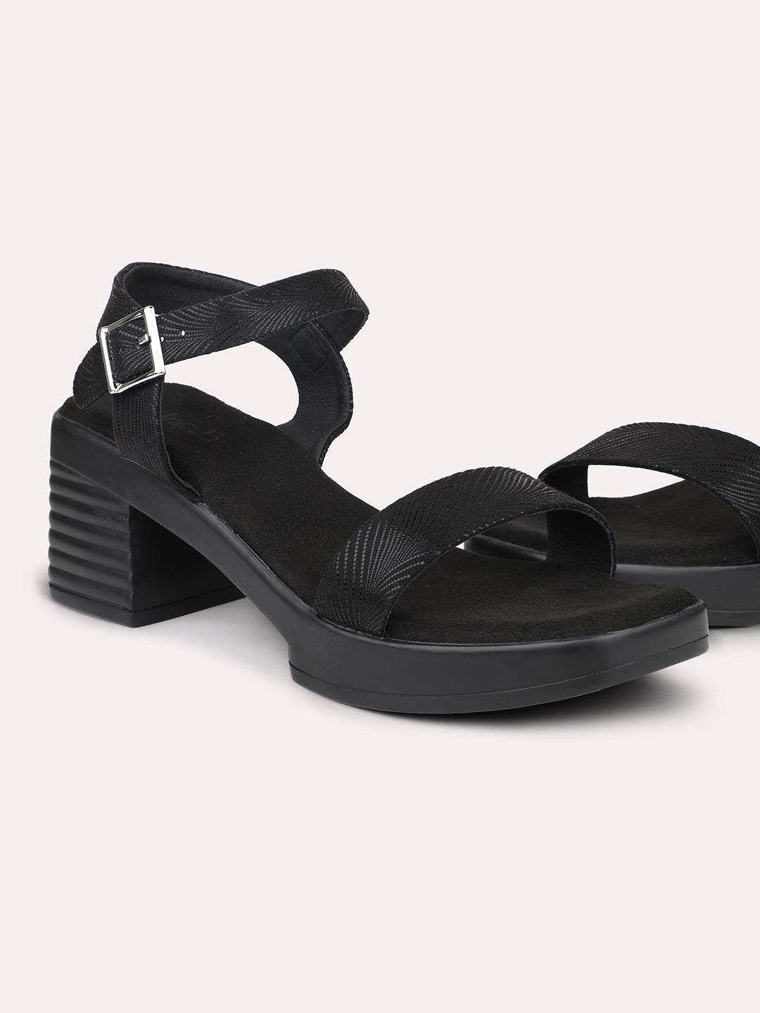 Women Black Embellished Ankle Loop Block Heels
