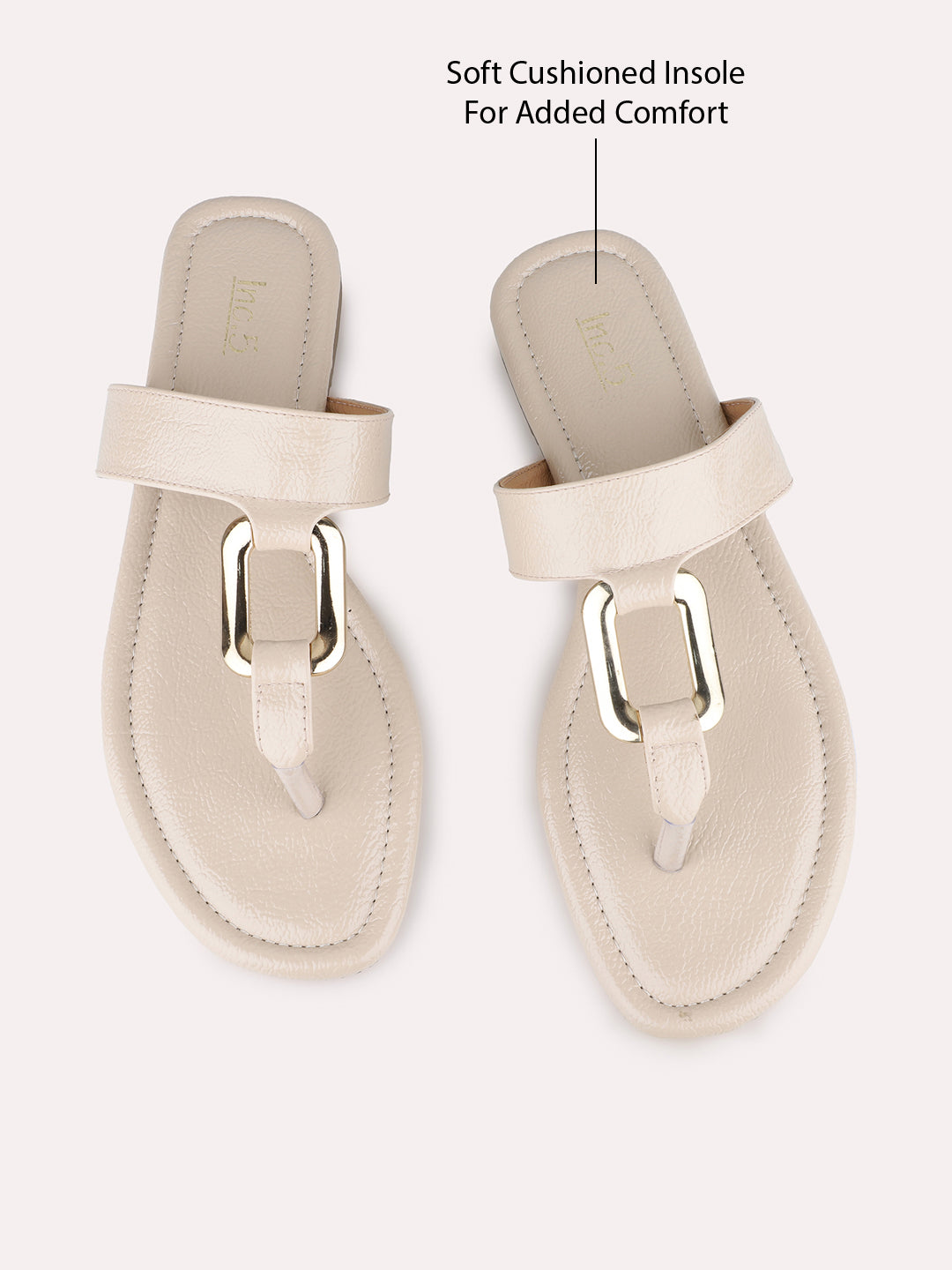 Womens Beige Casual Solid T-Strap Flats