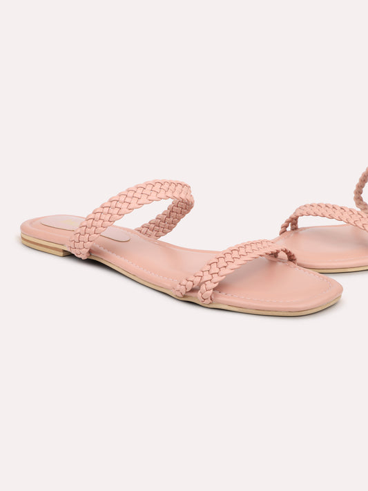 Women Pink Textured Open Toe Flats