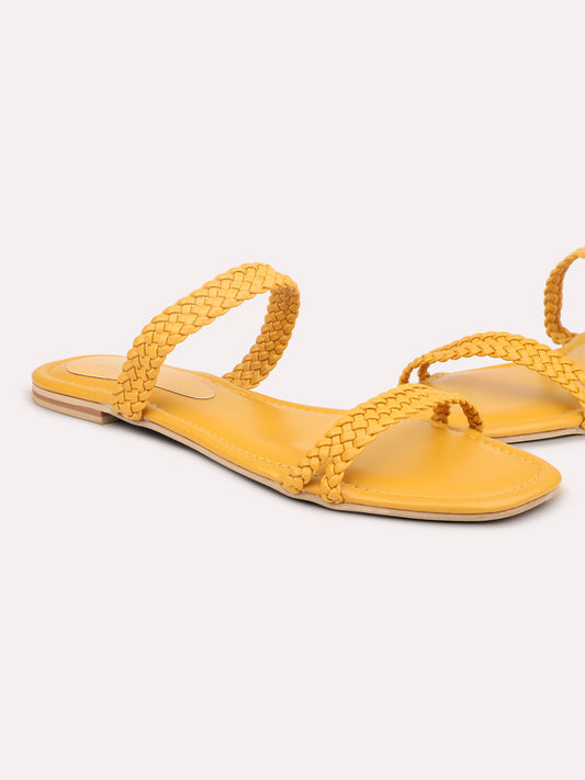 Women Yellow Textured Open Toe Flats