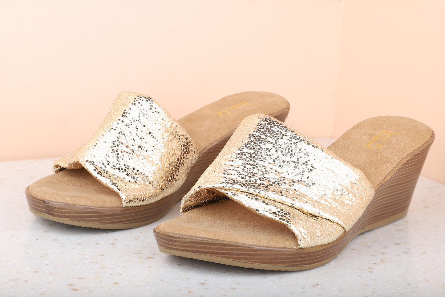 Women Gold Embellished Wedge Sandals