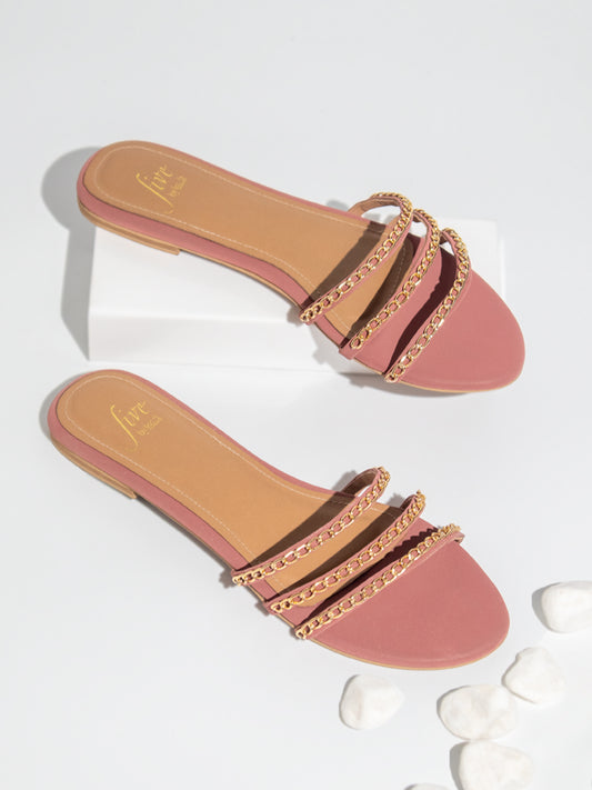 Women Peach Striped Open Toe Flats With Chain detail