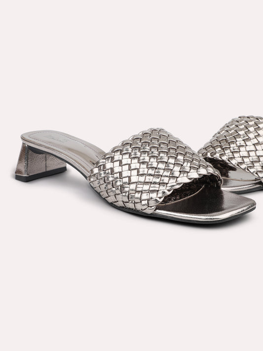 Women Pewter Textured Ethnic Block Heels