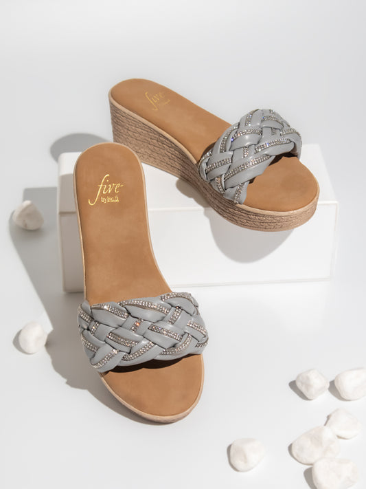 Women Grey Textured Open Toe Wedges