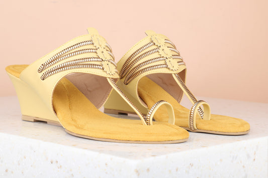 Women Yellow Textured Ethnic Wedges Heels