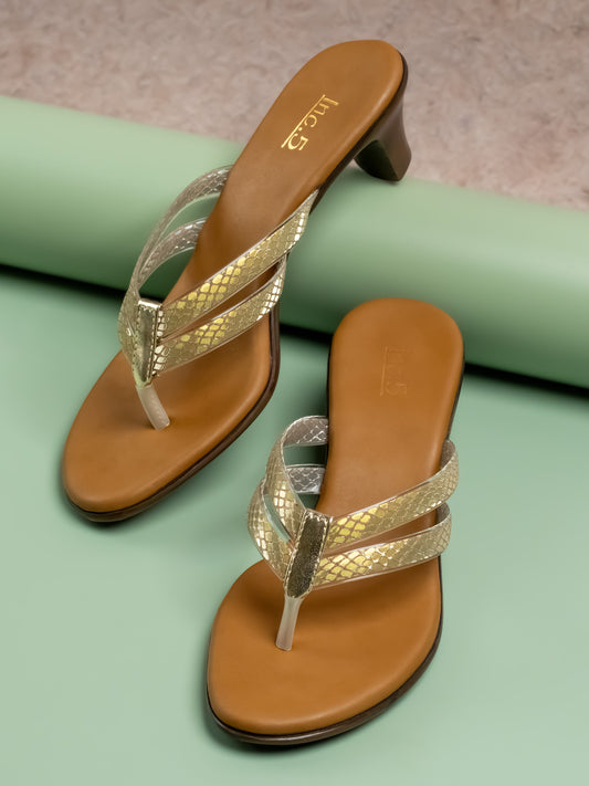 Women Gold Textured Block Heels Sandals