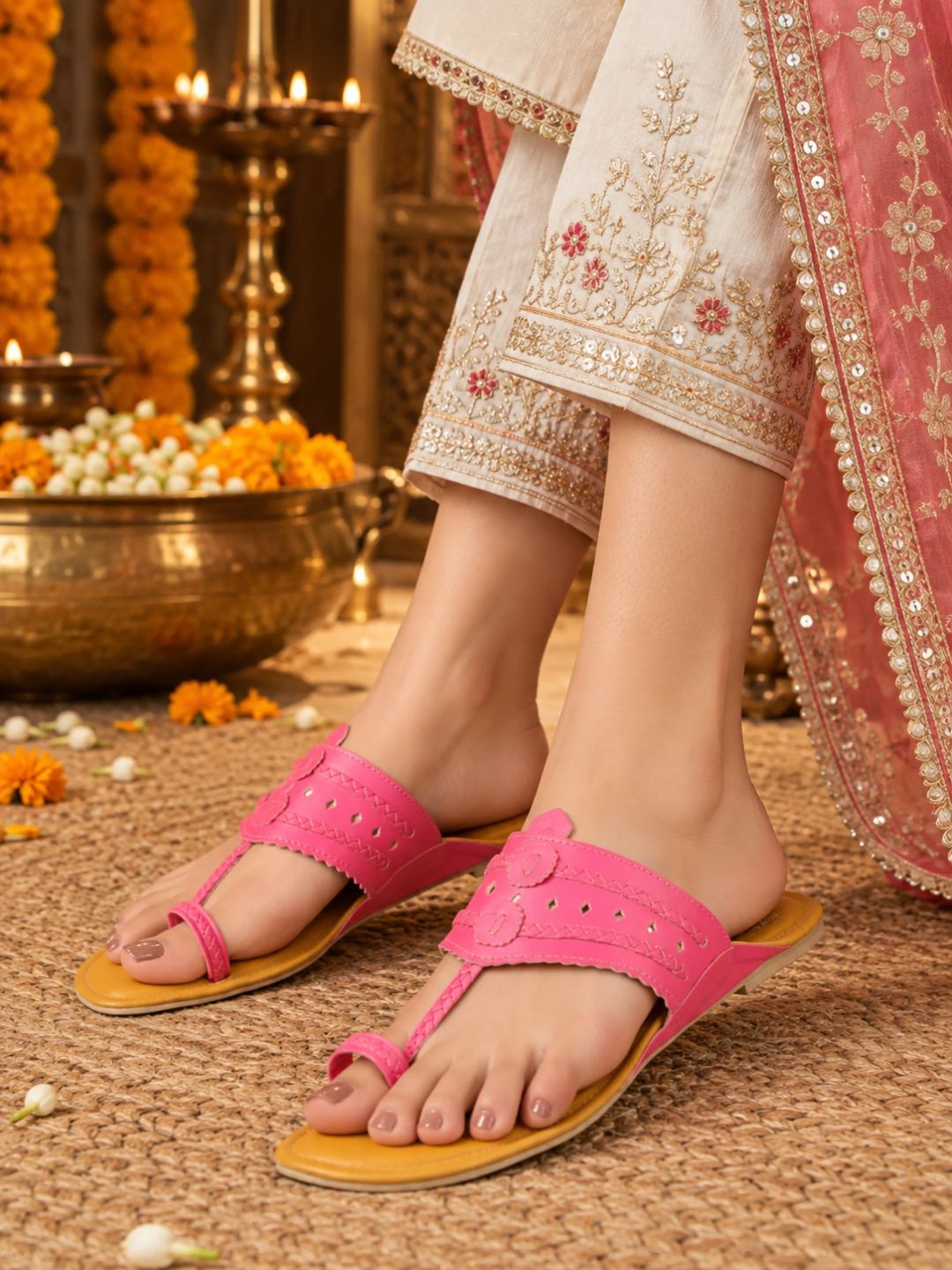 Women Pink Embellished One Toe Flats