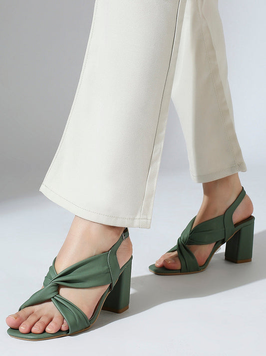 Women Green Cross Strap Block Heels With Buckles