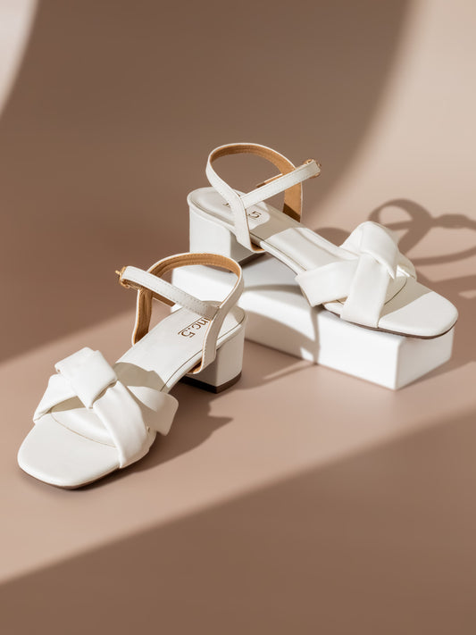 Women White Textured Block Heels With Buckle Closure