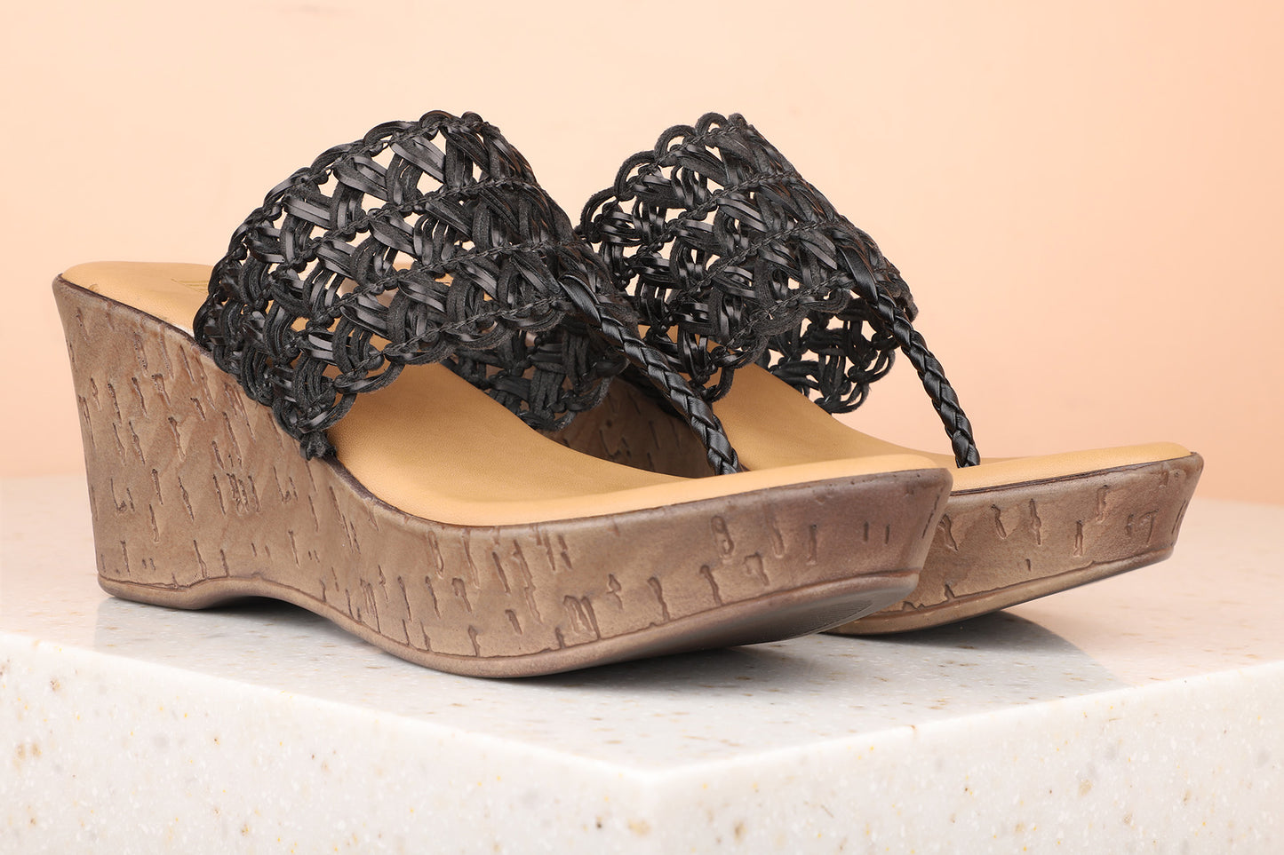 Women Black Textured Wedge Heels