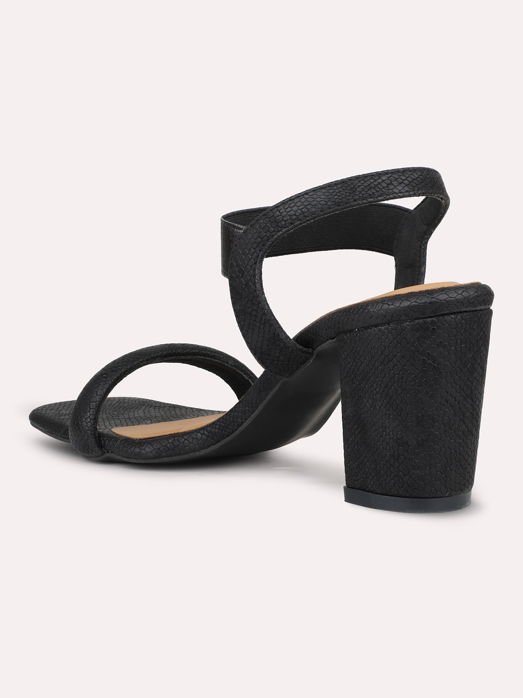 Women Black Textured Open Toe Block Heels With Backstrap