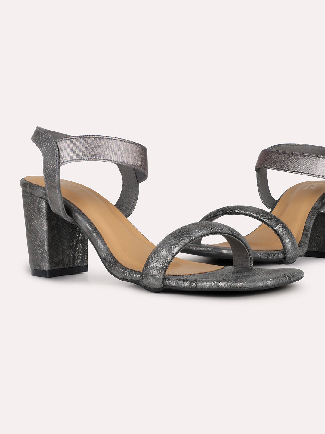 Women Gun Metal Party Wear Solid Square Toe Block Heel Sandals