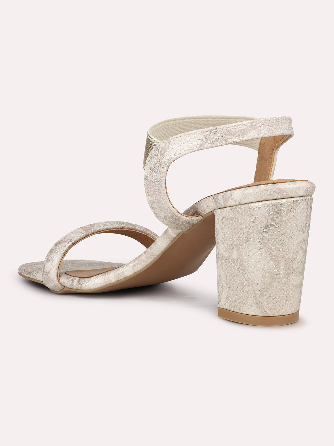 Women Gold Textured Open Toe Block Heels With Backstrap