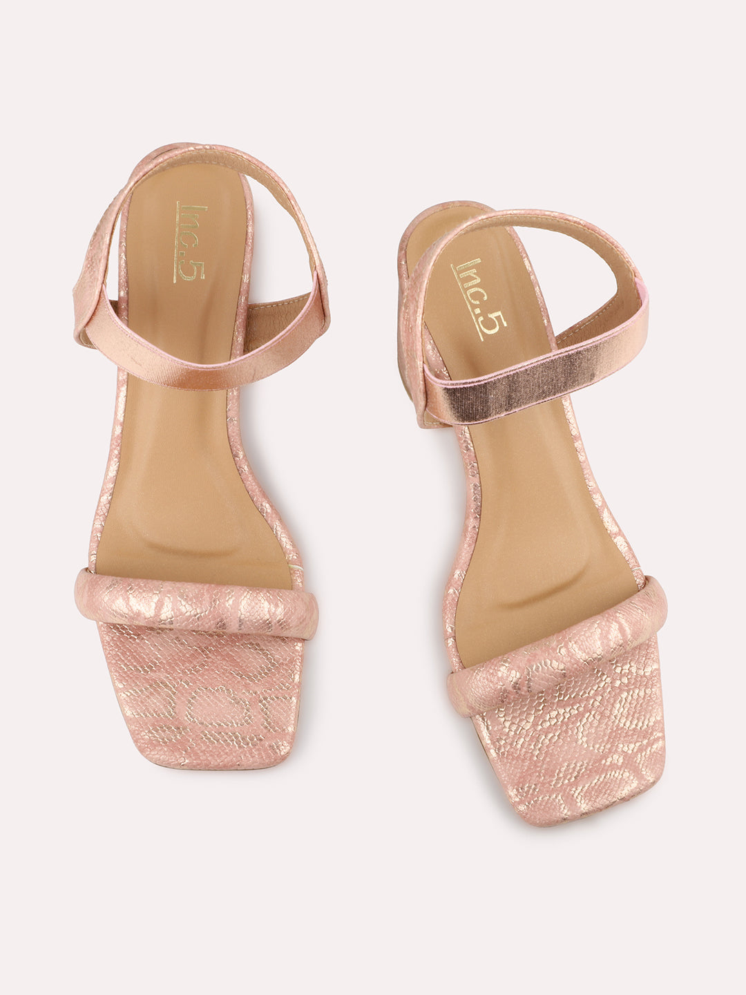 Women Rose Gold Textured Open Toe Block Heels With Backstrap