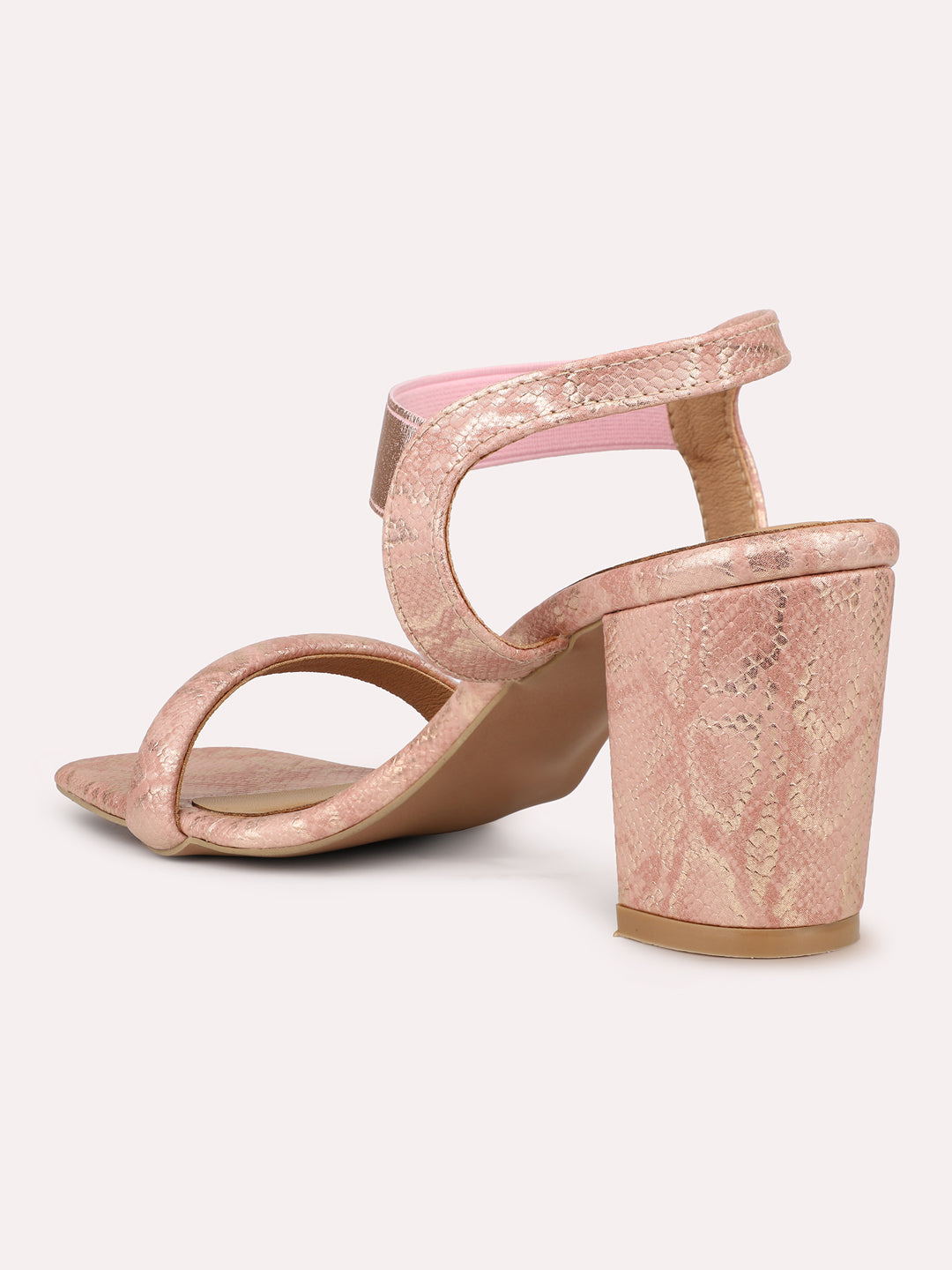 Women Rose Gold Textured Open Toe Block Heels With Backstrap