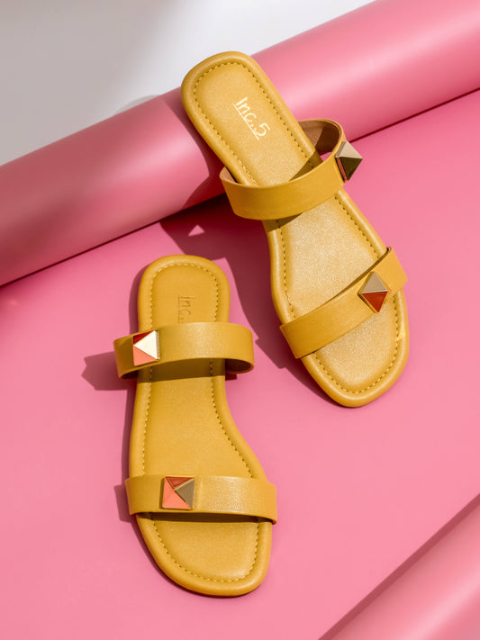 Women Yellow-Coloured And Gold-Toned Buckled Open Toe Flats