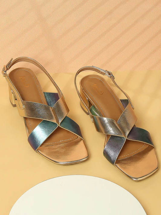 Women Gold-Toned Iridescent Effect Colourblocked Block Heels