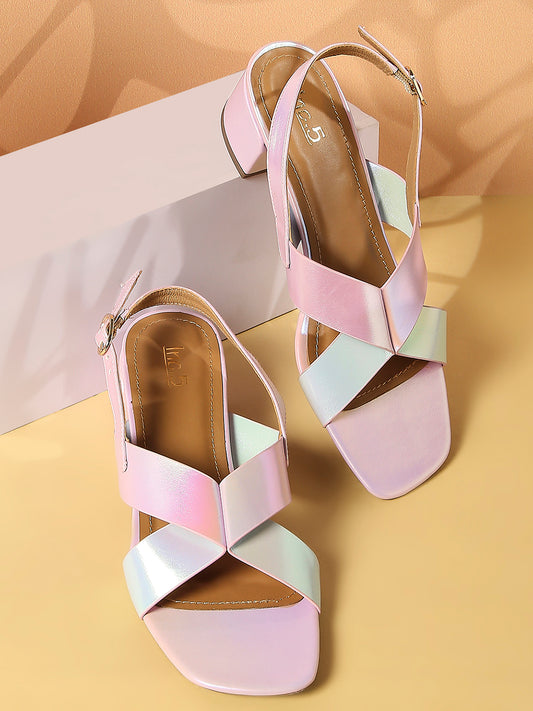 Women Pink-Toned Iridescent Effect Colourblocked Block Heels