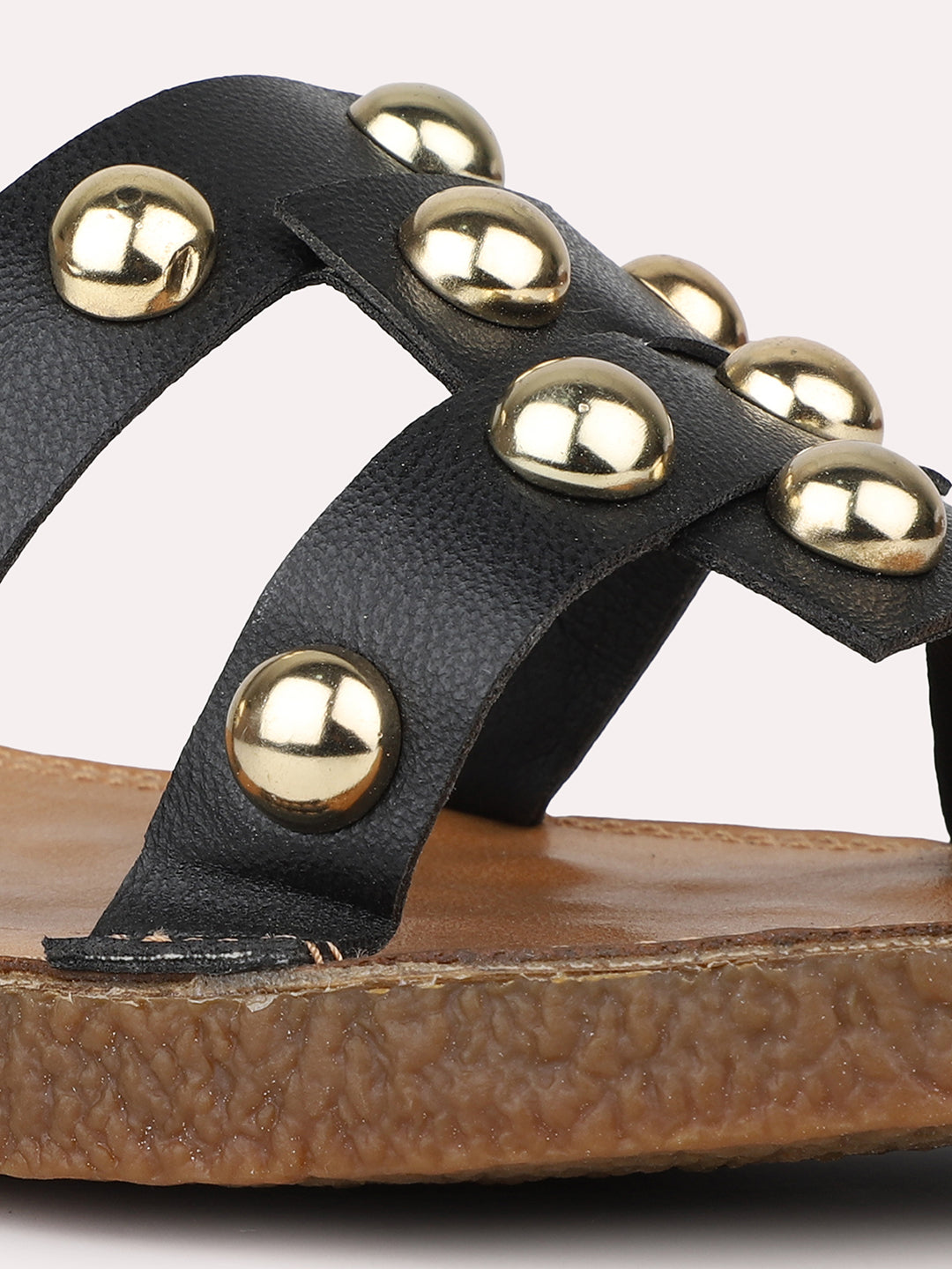 Women Black Open Toe Flats With Studded Detail