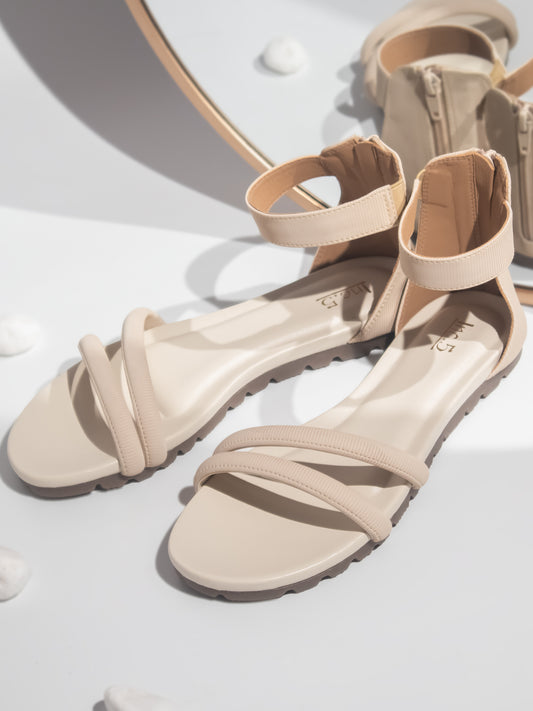 Women Cream Solid Flats Sandals