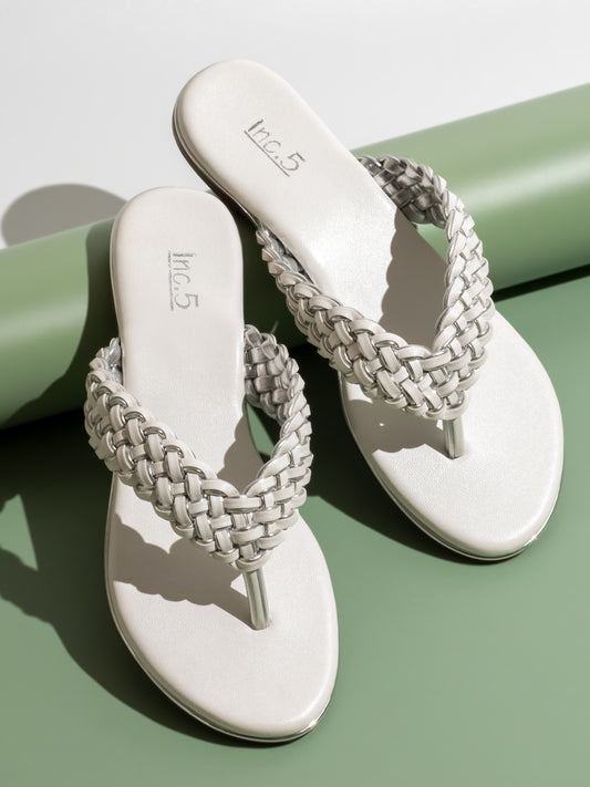 Women White And Pewter-Toned Textured Open Toe Flats