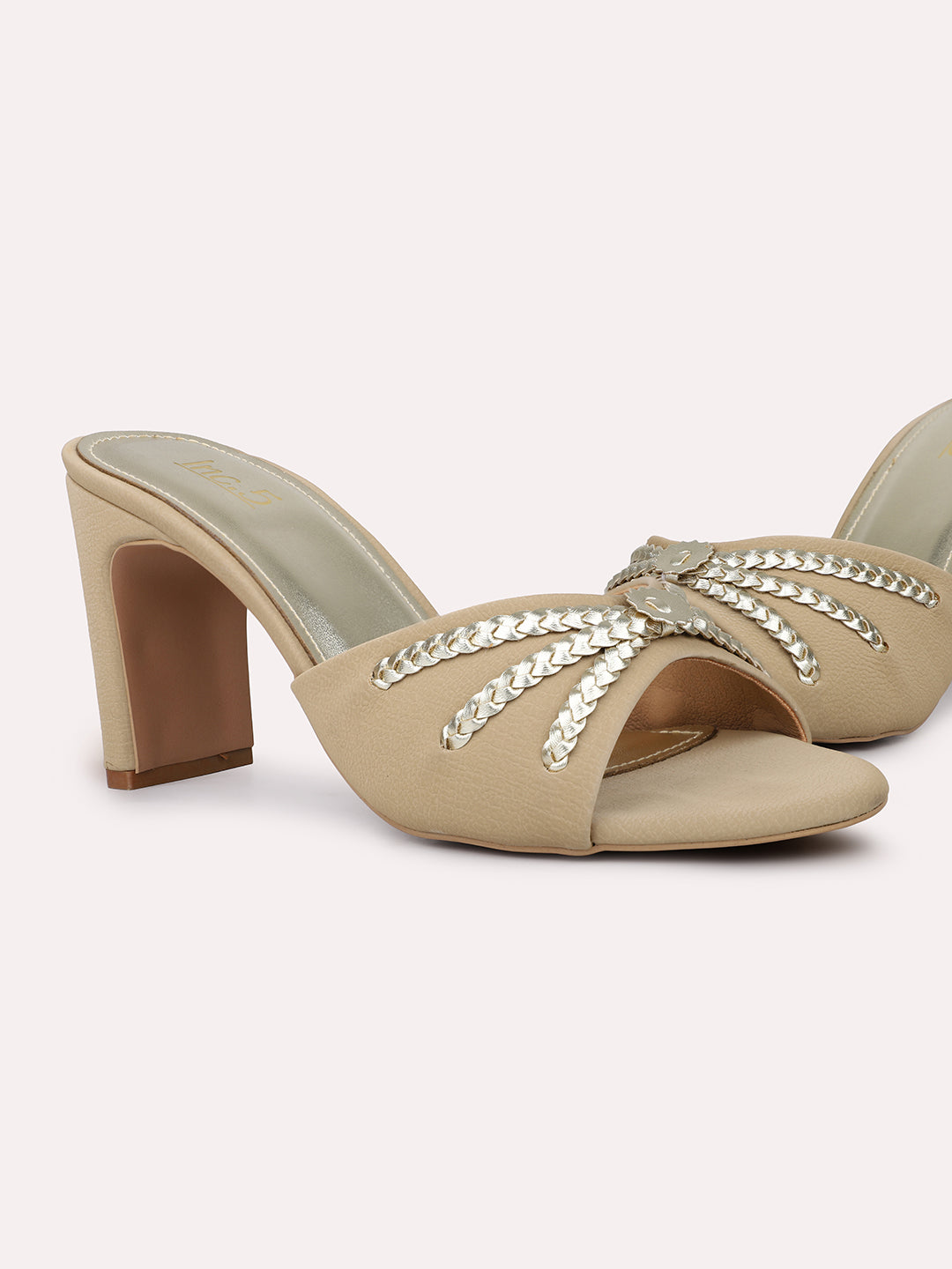 Women Beige Embellished Open Toe Block Heels