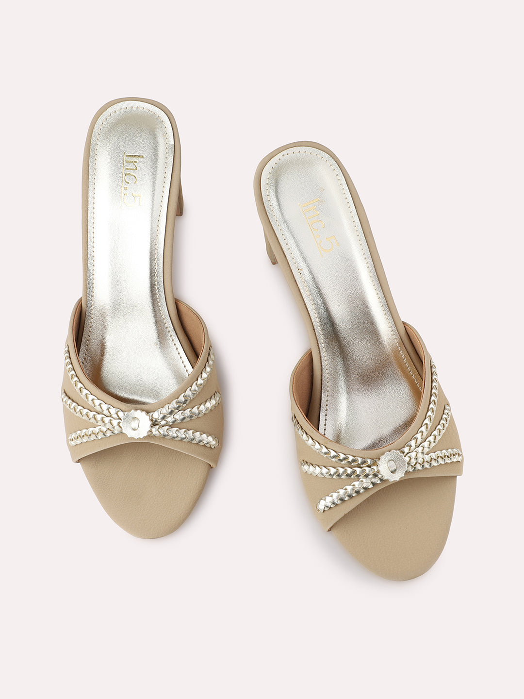 Women Beige Embellished Open Toe Block Heels