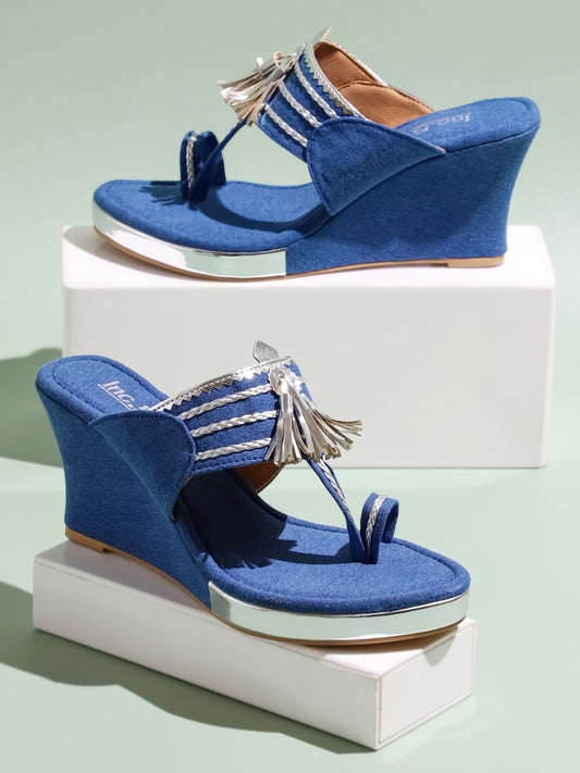 Women Navy Denim Wedge Sandals