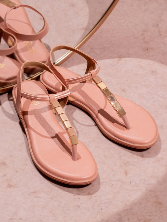 Women Peach And Gold-Toned Open Toe Flats