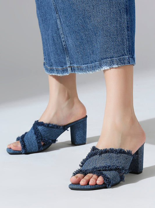 Women Blue Open Toe Denim Block Heels