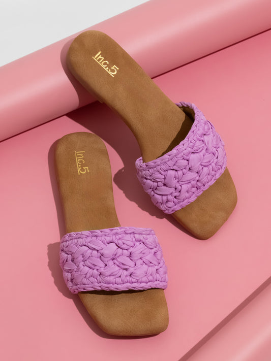 Women Purple Embroidered Open Toe Flats