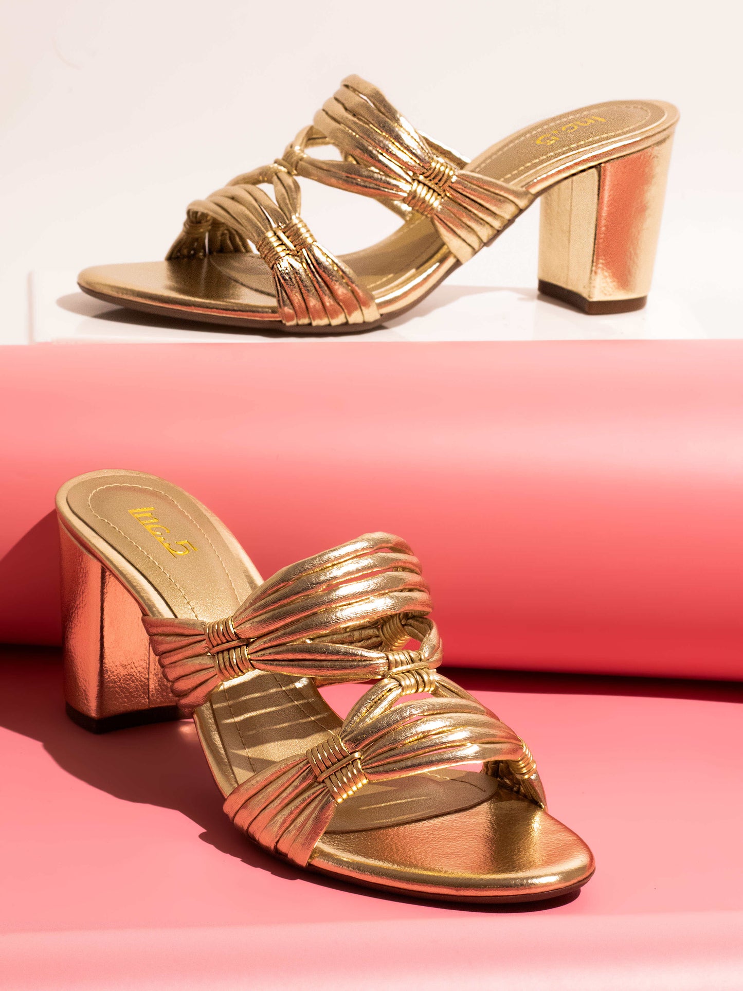 Women Gold Embellished Striped Open Toe  Block Heels