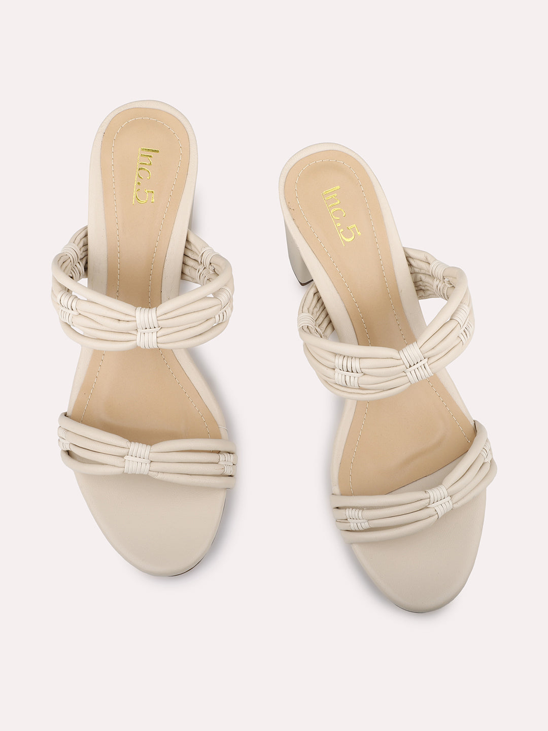 Women Cream Strappy Open Toe Block Heels