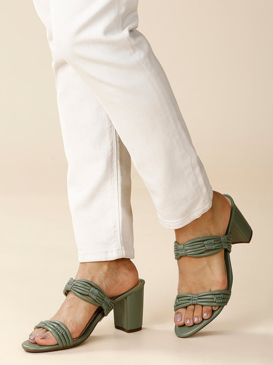 Women Green Strappy Open Toe Block Heels